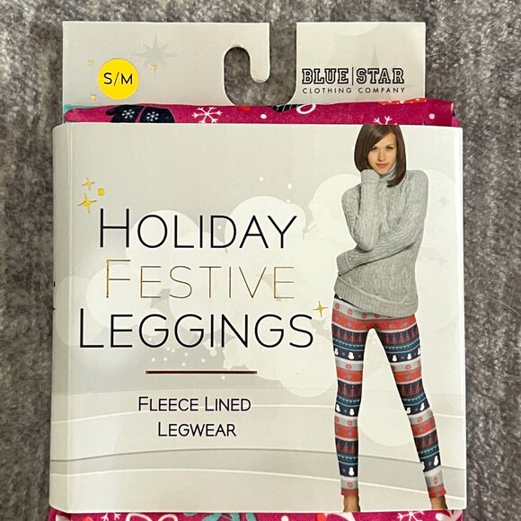 NEW Blue Star Small Medium Pink Holiday Christmas Festive Leggings Fleece Lined - Picture 2 of 6